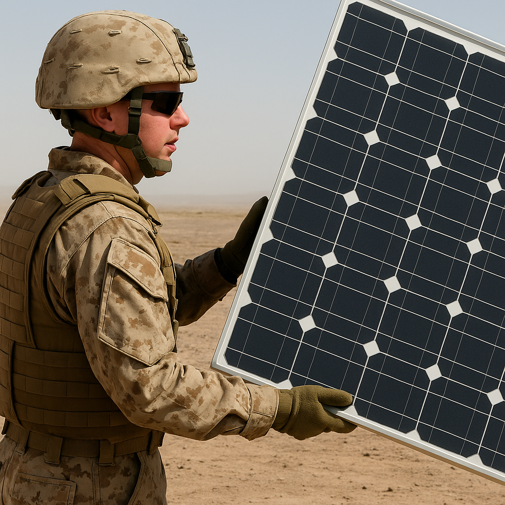 Soldier in camouflage holding a large solar panel in a desert setting, wearing a helmet and sunglasses.