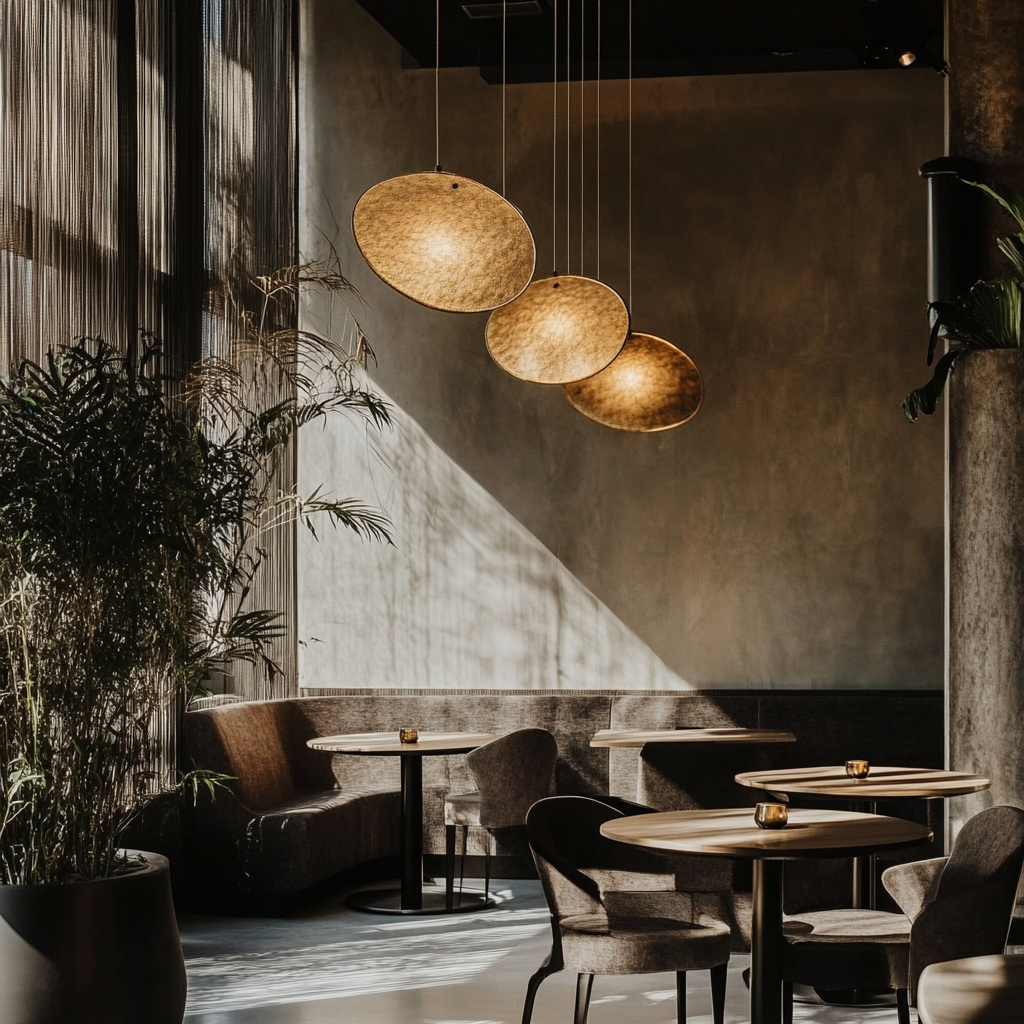 A modern, dimly lit cafe with round tables, cushioned chairs, overhead lamps, and large plants by the window.
