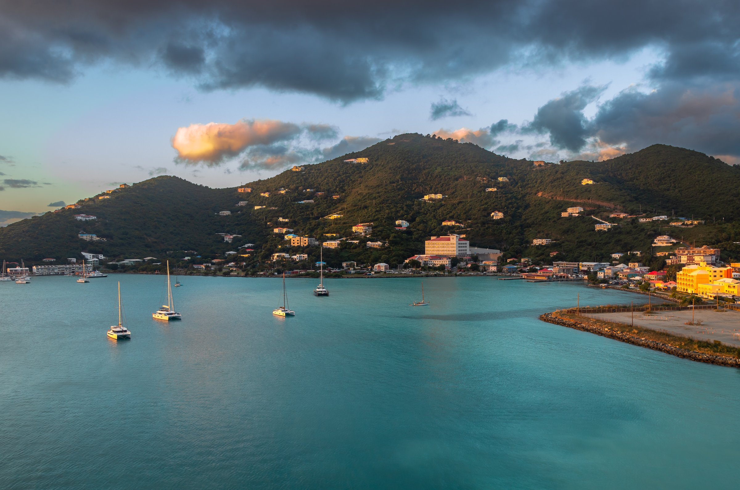 Exposure done at sunrise of Road Town, capital city of Tortola, Baughers Bay and the surroundings and its magnificent water color, while arriving at the Island by Cruise Ship, British Virgin Islands