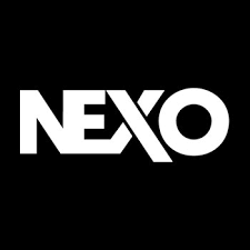 Logo of "NEXO" with bold white letters on a black background.