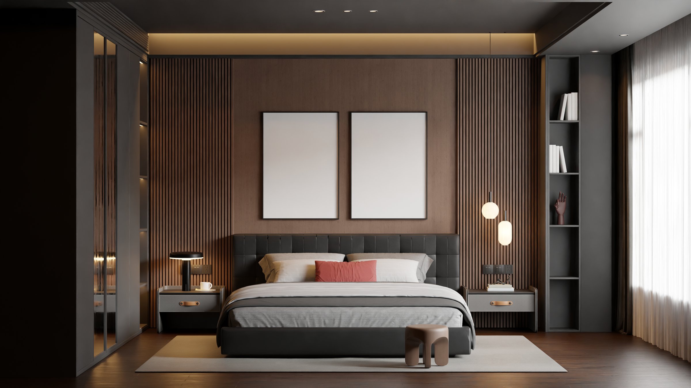 Modern minimalist bedroom interior wall mockup featuring a blank double poster frame. Showcases sleek Scandinavian design with clean lines, neutral tones, and architectural 3D rendering. Perfect for displaying artwork, digital prints, or photos. Ready-to-use template for interior designers, marketers, and artists. Ideal for wall decor presentations, home decor catalogs, and lifestyle concept visuals.