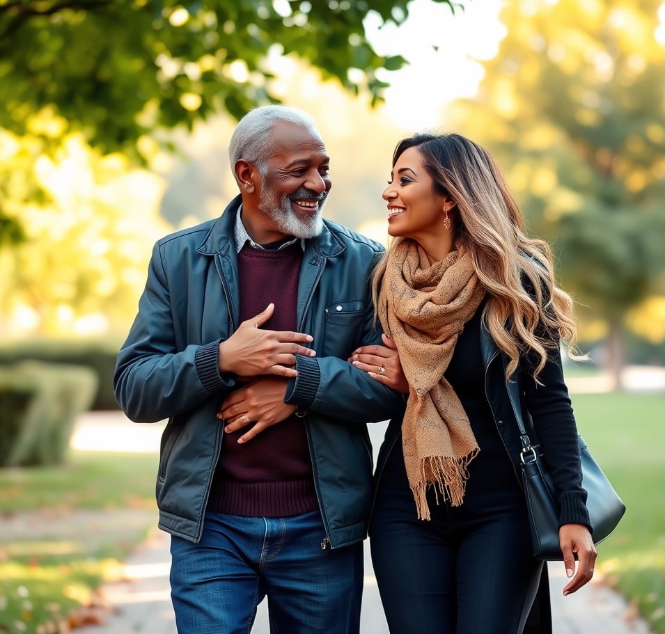 An elderly man and a young woman happily walking in a park on a sunny day, both smiling and engaged in conversation.