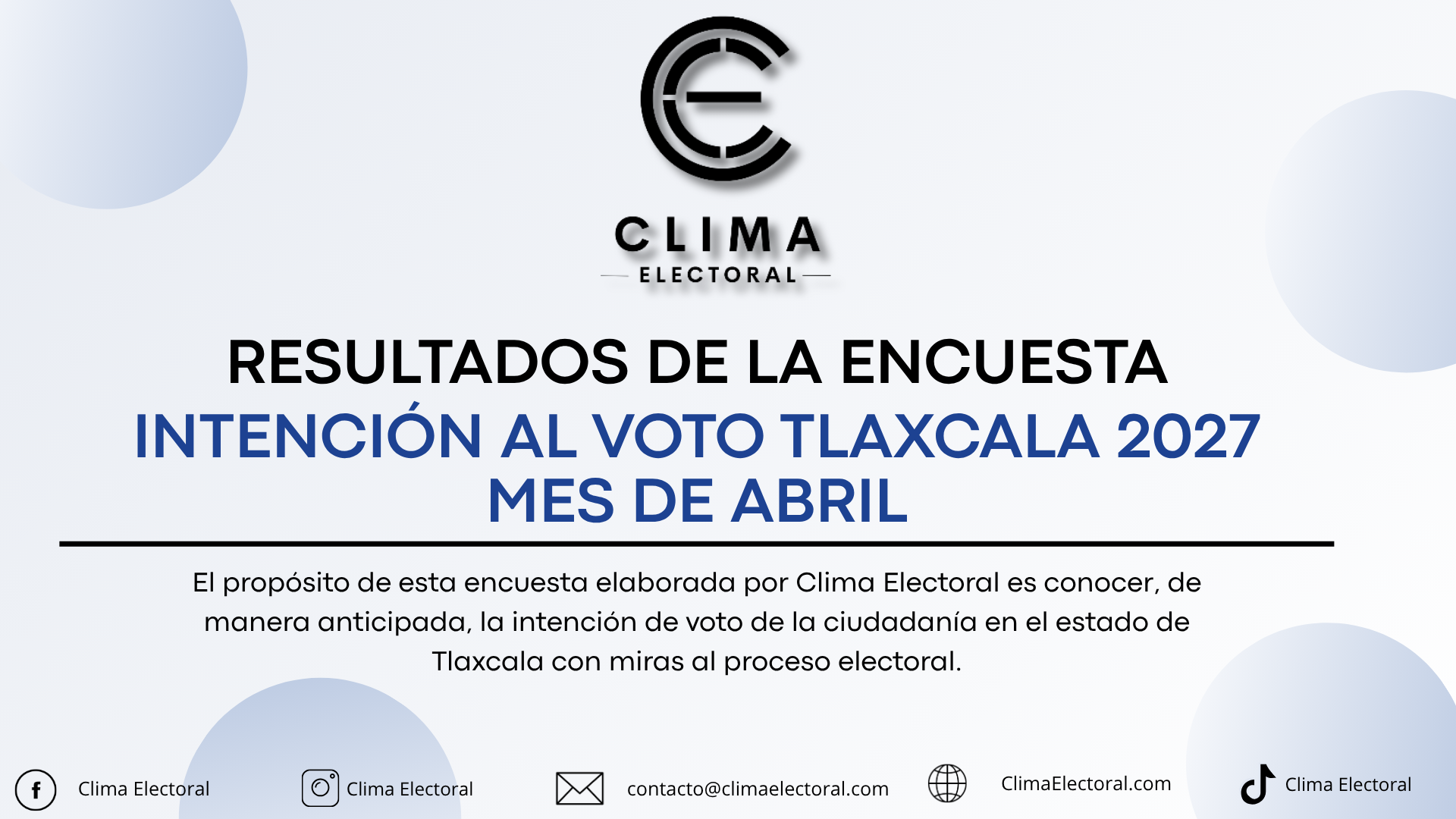 Survey results image for Tlaxcala 2027 voting intentions by Clima Electoral, April. Includes contact info in Spanish.