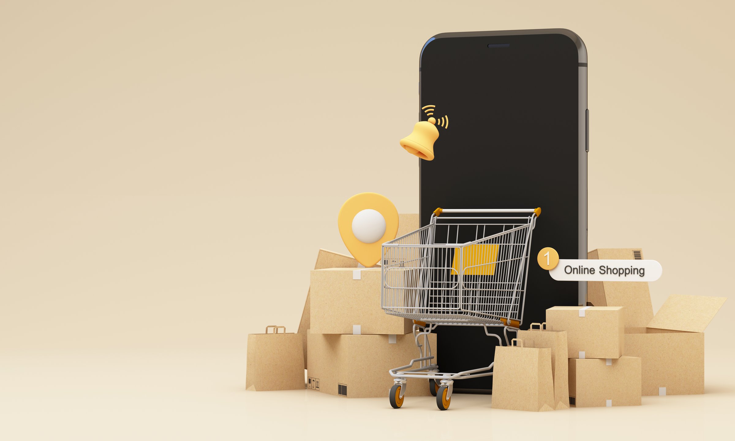 Parcel boxes, shopping carts, and smartphones were floating above the ground and all object on pastel color background for shopping online concept design, 3d rendering for advertising design