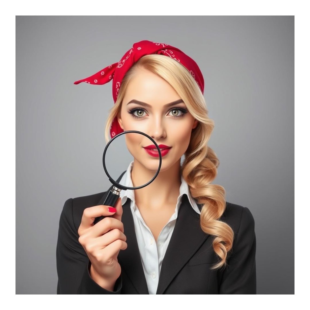 Woman in a suit with red lipstick and headscarf holding a magnifying glass, posing against a gray background.