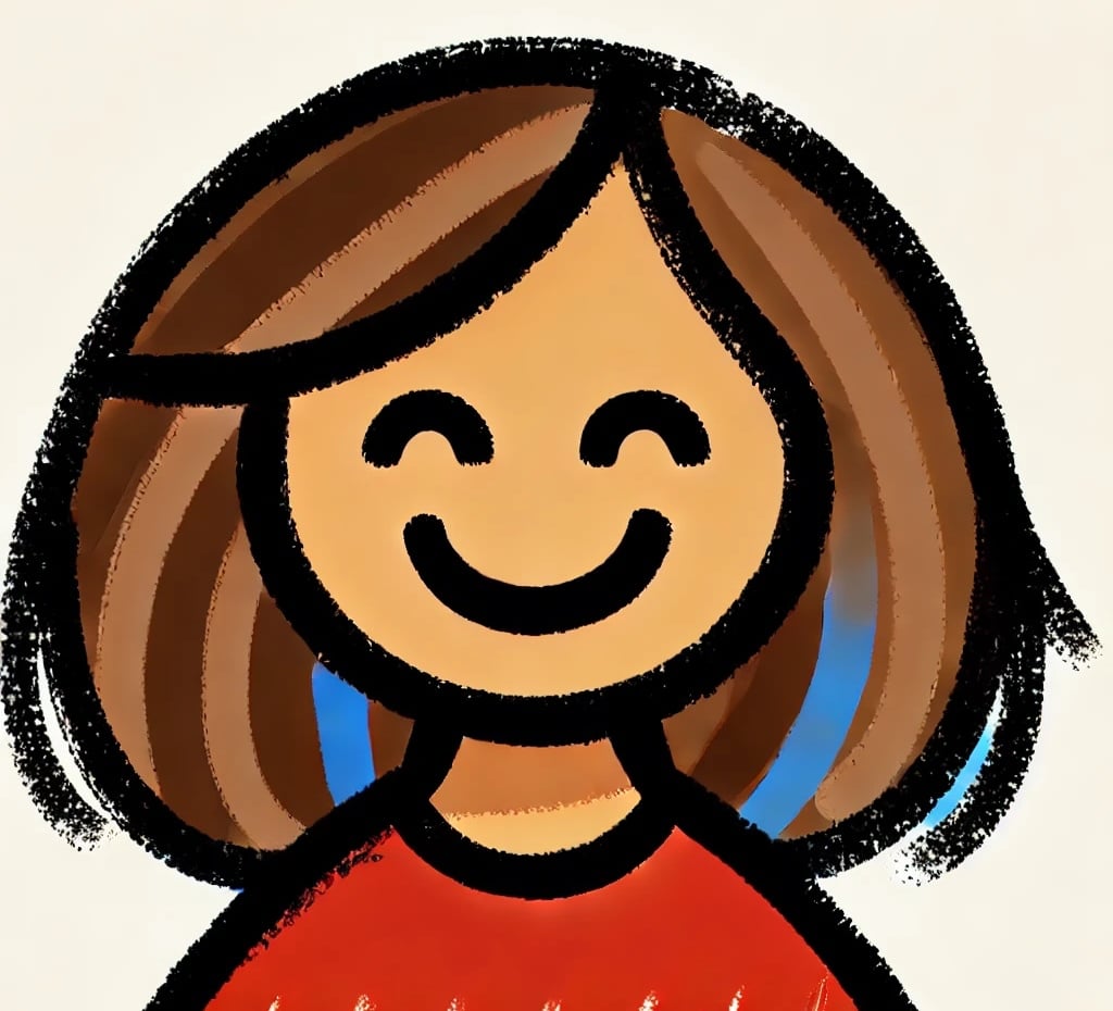 Smiling cartoon girl with brown hair wearing a red shirt, drawn with bold black outlines on a light background.