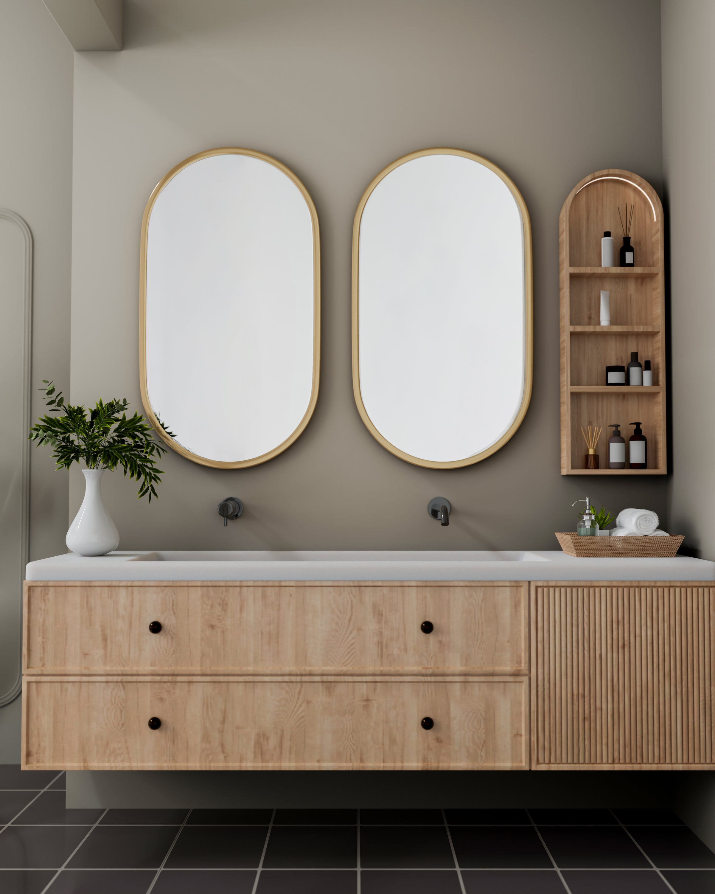 Warm bathroom with wood tone vanity and natural finishes