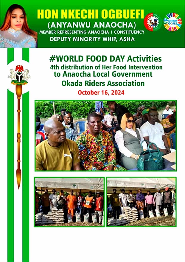 Event poster announcing a food intervention distribution on World Food Day 2024 by Hon Nkechi Ogbuefi in Anambra.