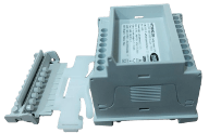 A gray electrical terminal block with a removable cover, featuring multiple connection points and labeled specifications.