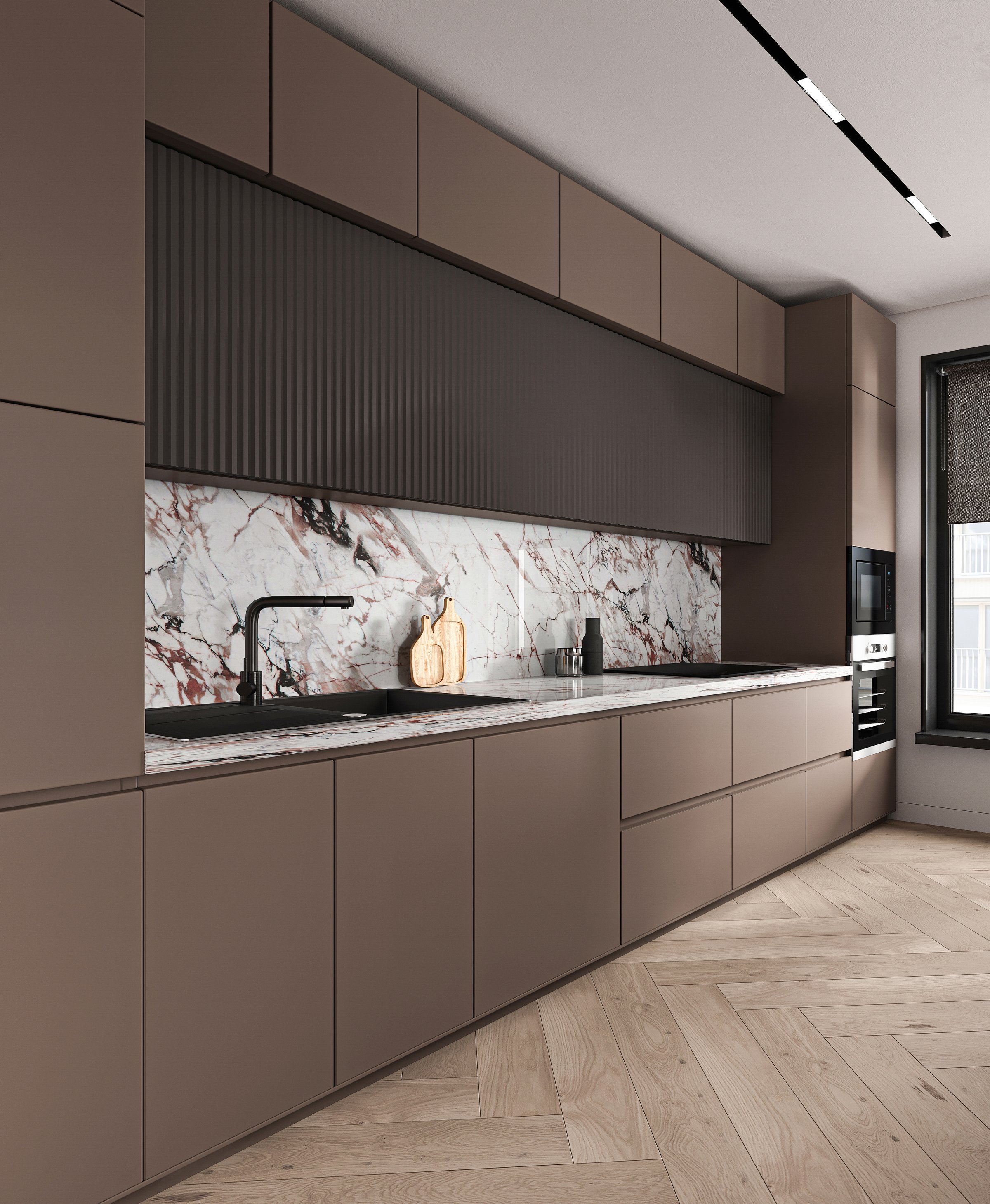 A refined kitchen space showcasing a striking marble backsplash, taupe cabinets, and modern appliances, embodying luxury and style