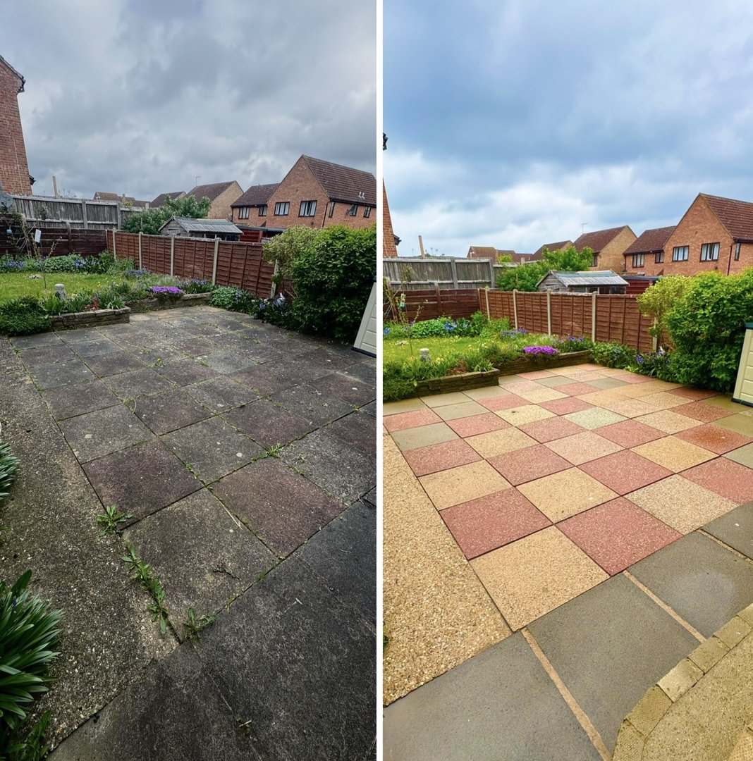 Patio transformation before and after pressure washing