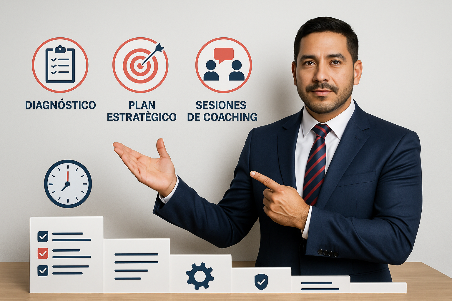 A man in a suit points to icons labeled Diagnóstico, Plan Estratégico, and Sesiones de Coaching, with a bar graph below.