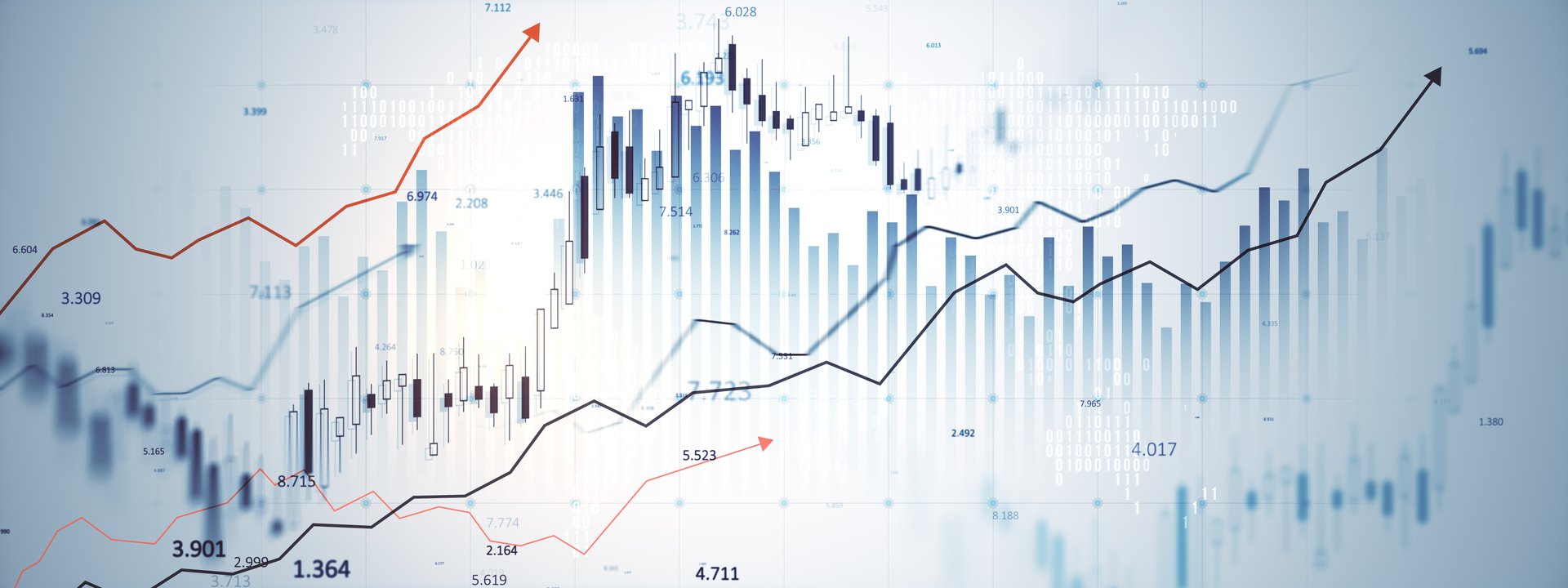 Financial candlestick chart with data, arrows, and graphs on a futuristic blue gradient background. Concept of stock market growth and analysis. 3D Rendering