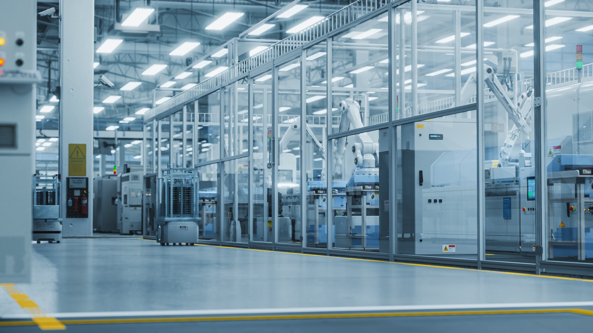 3D Render: Automated Support Vehicles Transport Electrical Components, Circuit Boards and Microchips. Separate Facility with an Assembly Line Producing High-Quality Precise Equipment with Robotic Arms