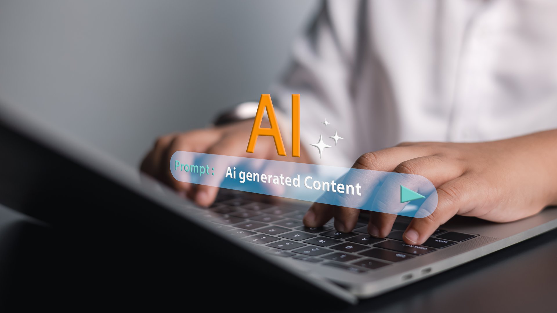 Close up of hands typing on laptop with hologram text AI generated content, symbolizing generative AI, prompt engineering, artificial intelligence, digital content creation, and innovation technology.