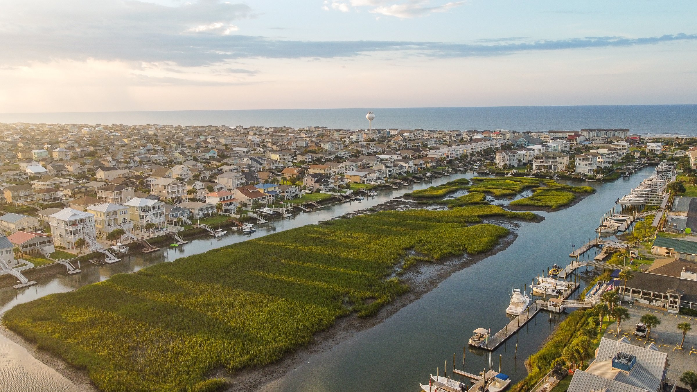 Drone views of a sunrise over the ocean in North Carolina