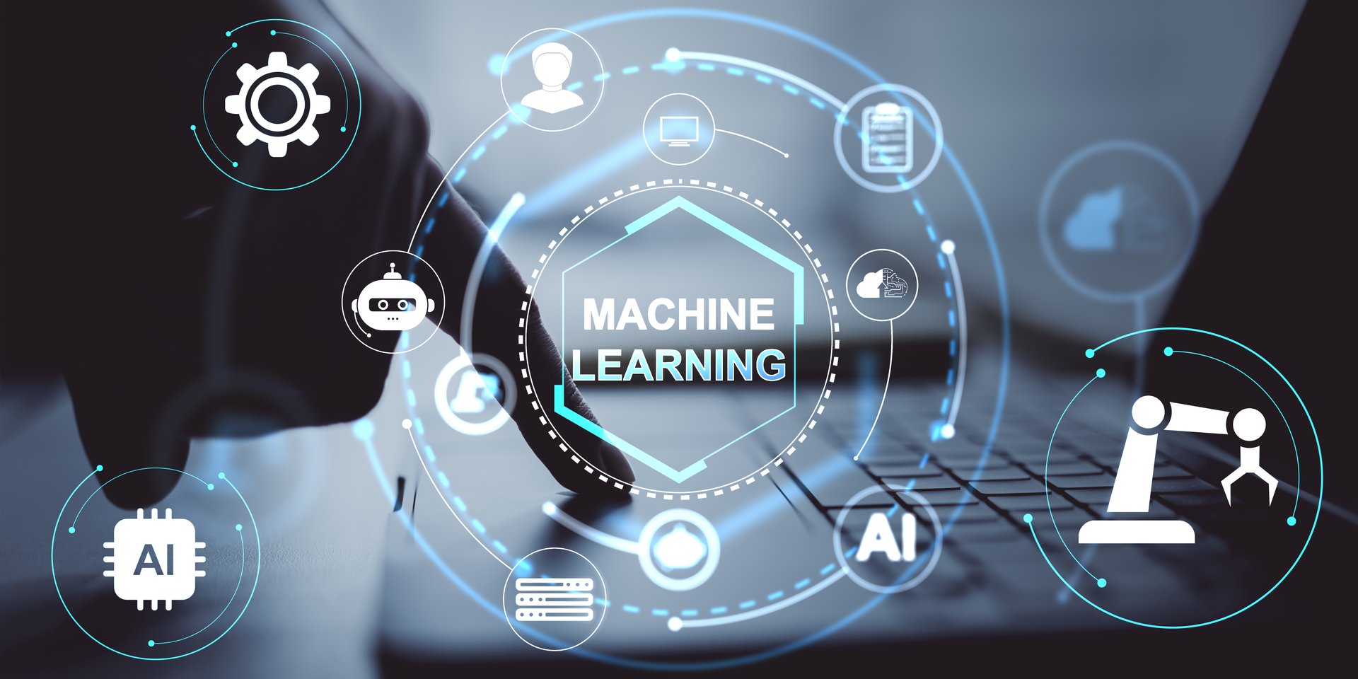 Machine learning and AI icons with user interface elements on a digital background, representing modern technology and data science concepts