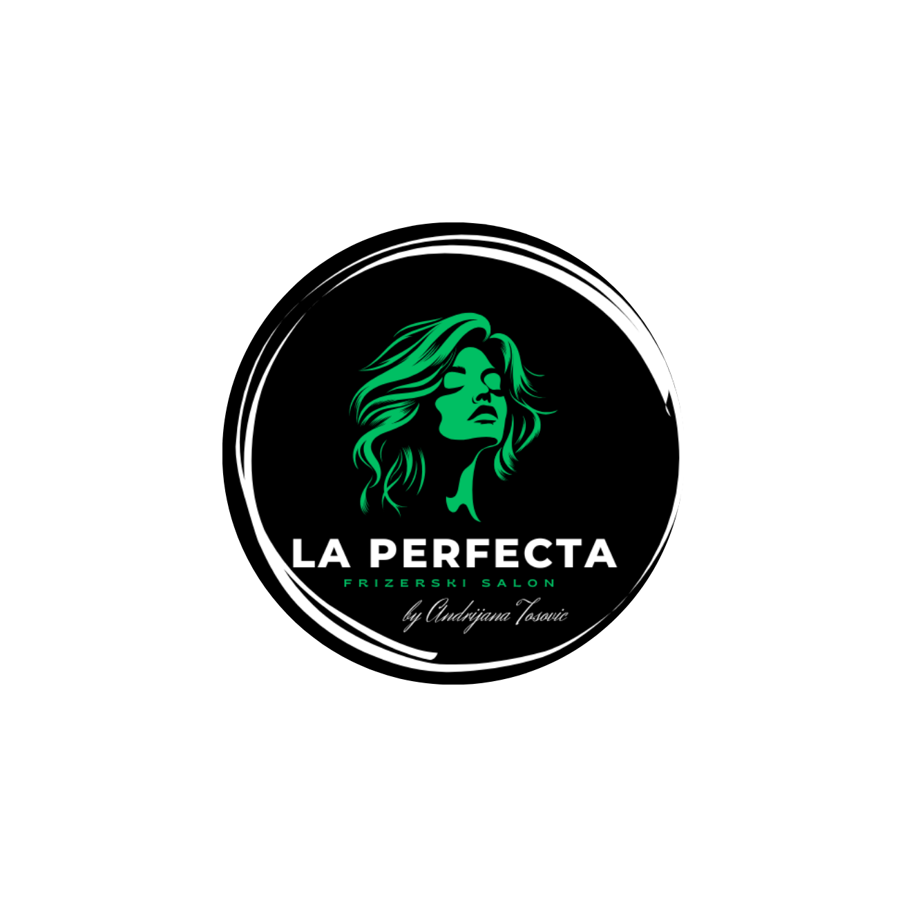 Circular logo with a green outline of a womans face and flowing hair, labeled La Perfecta Frizerski Salon by Andrijana Tasic.