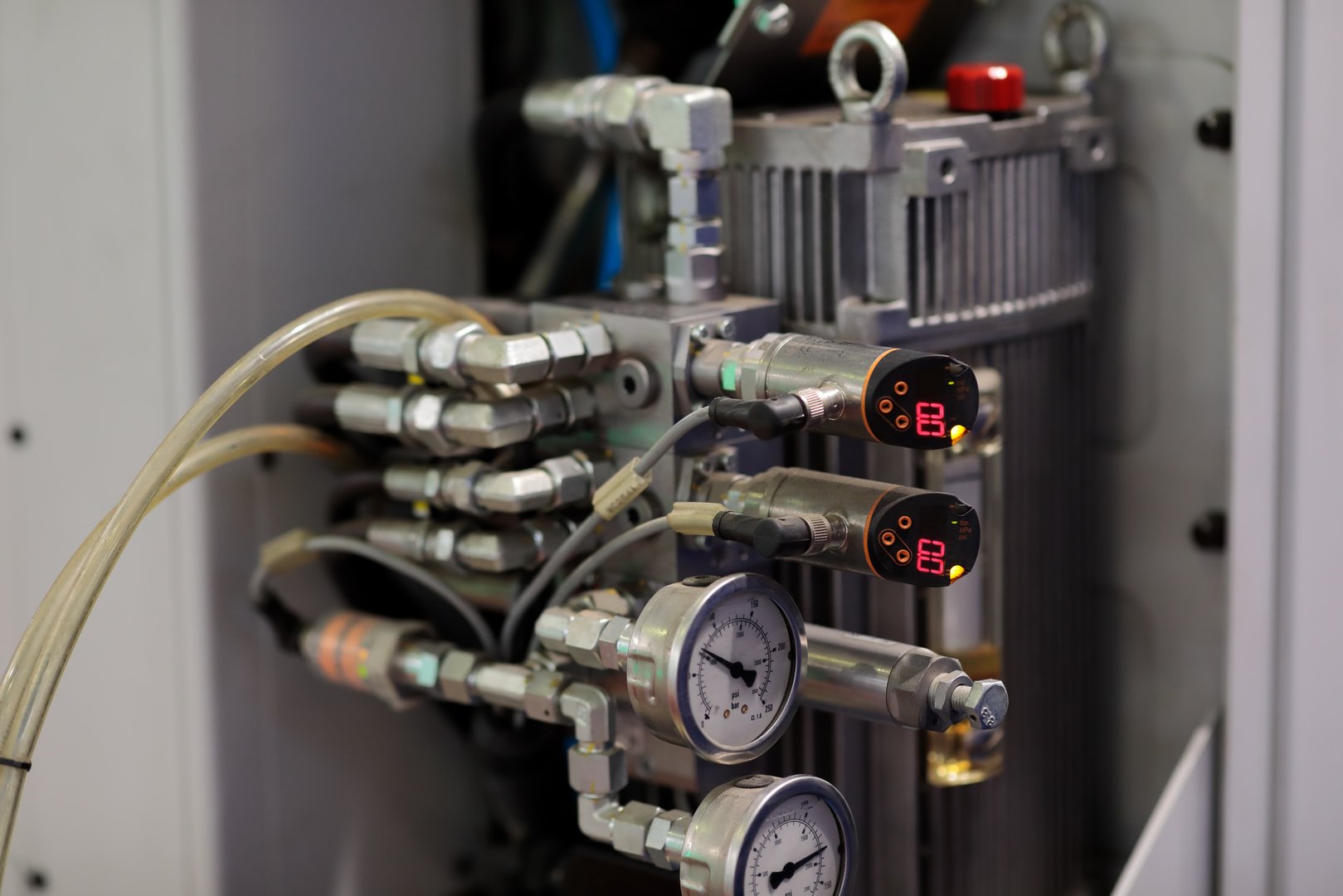 Hydraulic system of automatic industrial machinery. Selective focus.