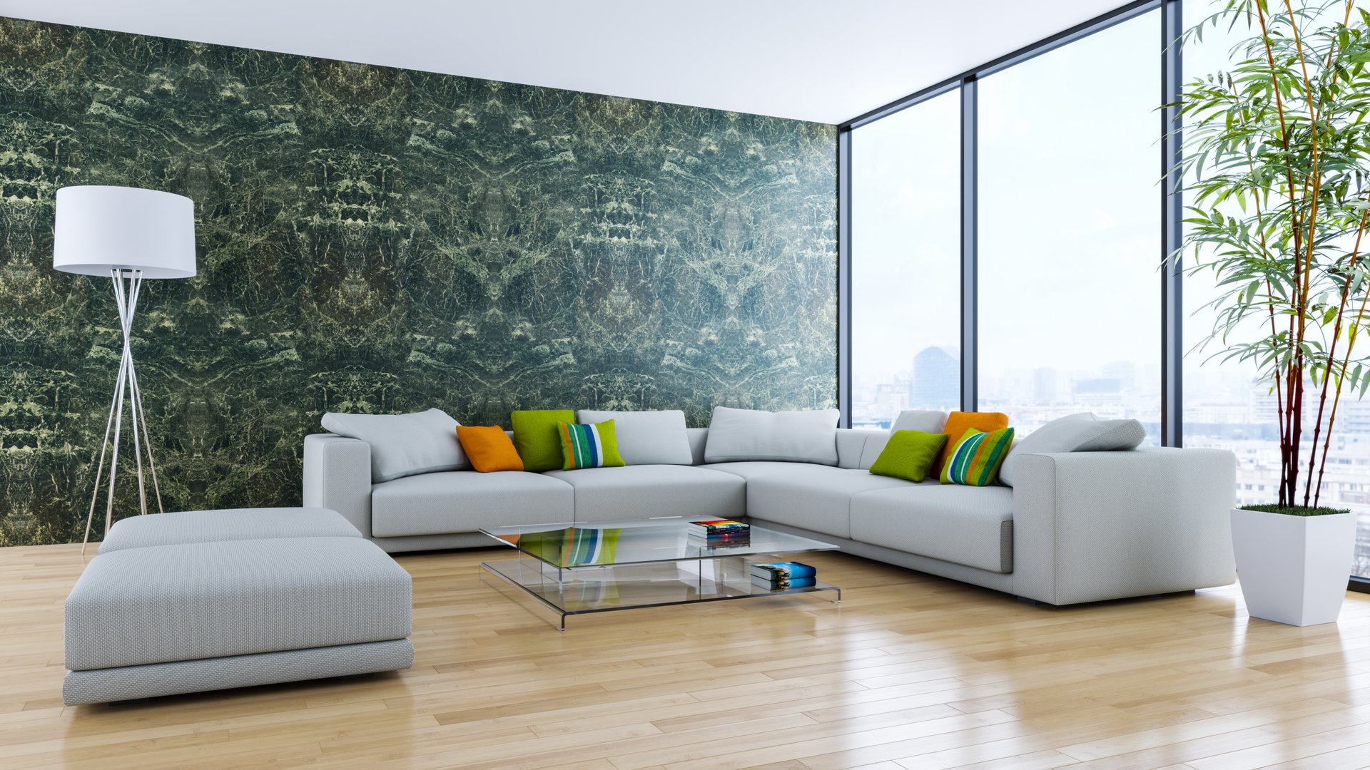 Large luxury modern bright interiors Living room mockup illustration 3D rendering image