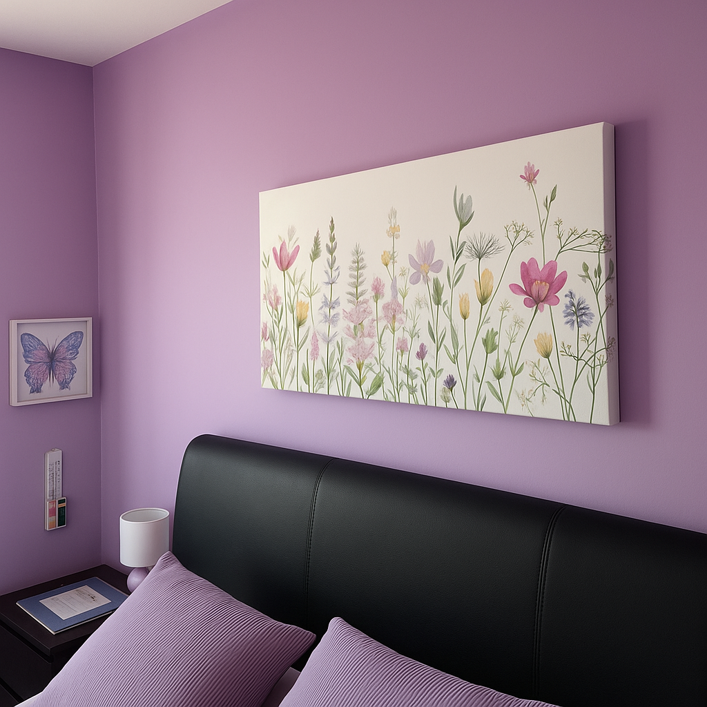 Bedroom with purple walls, a floral painting above a black headboard, and a butterfly print on the side wall.