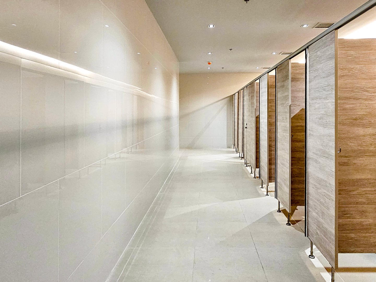 Corridor and wall in front of the bathroom along with the bathroom door that some open and some close