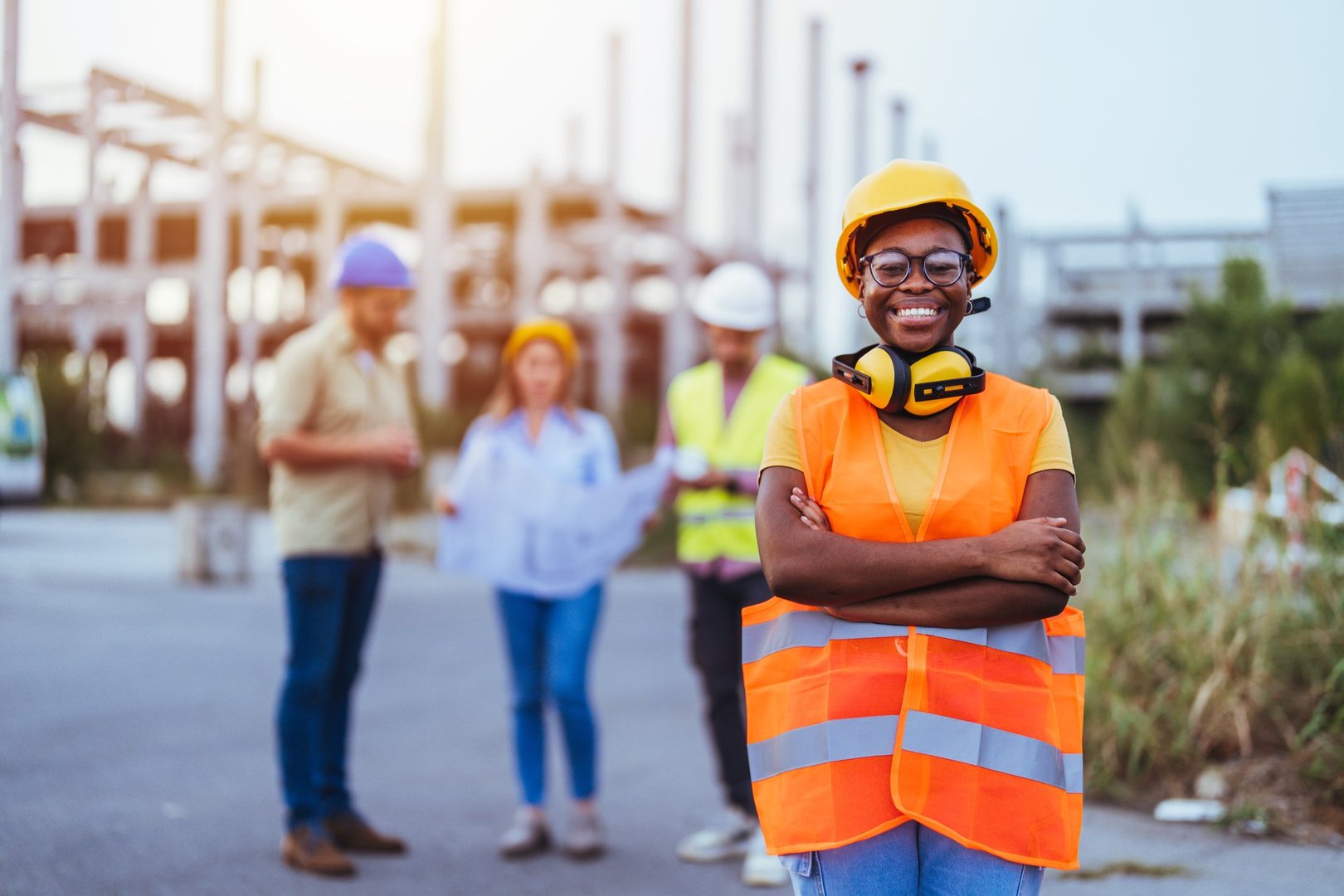 A smiling Black woman in safety gear stands with arms crossed at a construction site, her diverse team busy in the background.