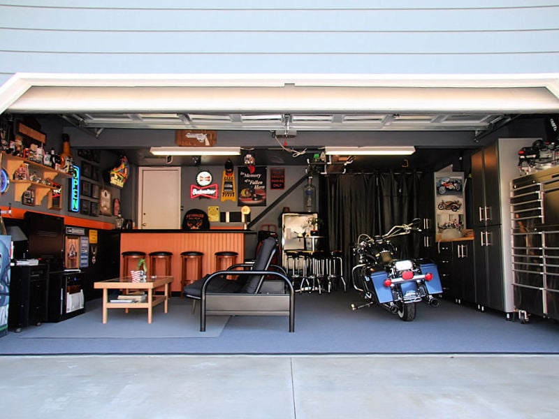 Organized Harley Davidson themed garage man cave