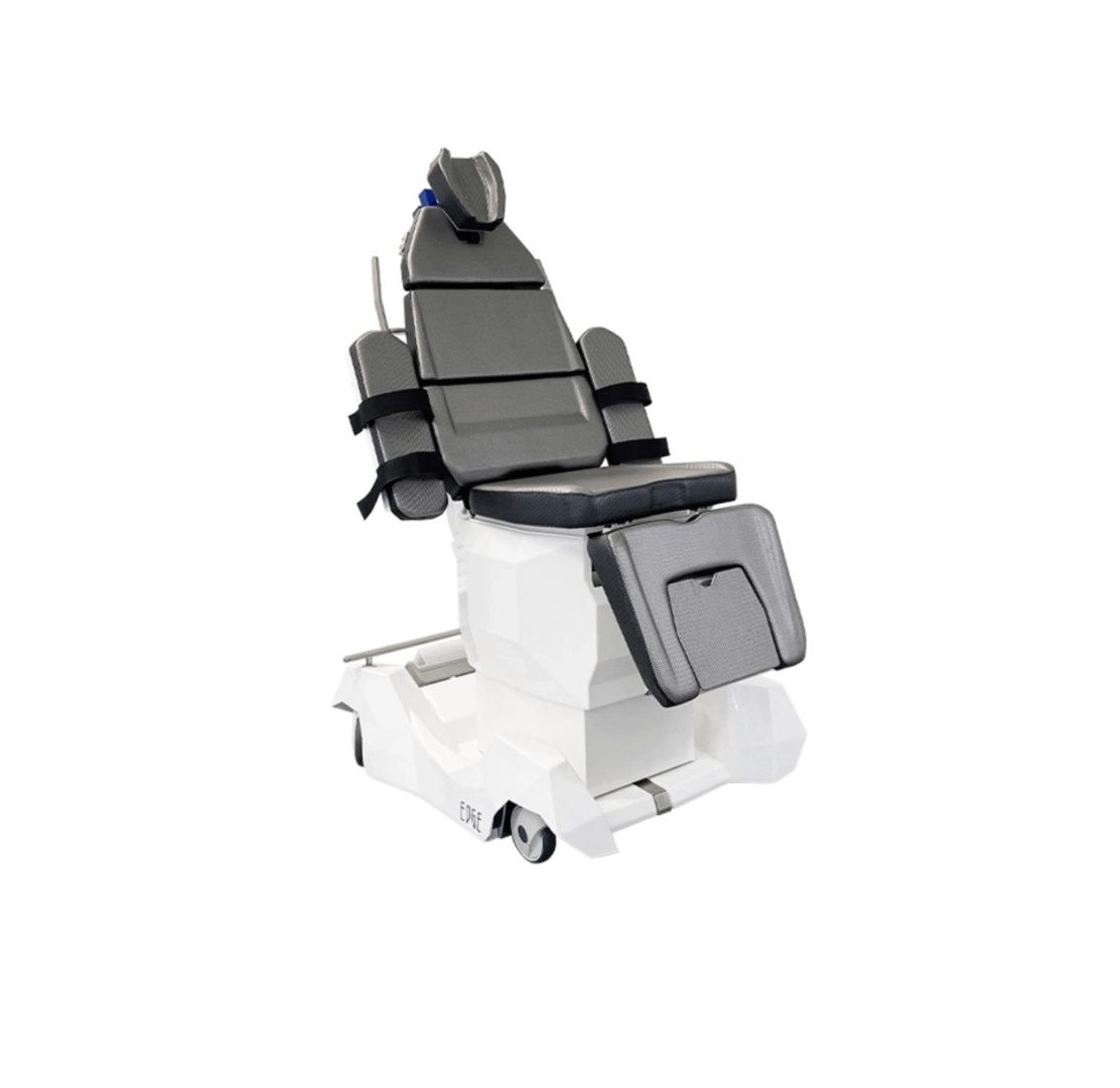 Medical examination chair, adjustable, with padded headrest and arm straps, mounted on a mobile base.