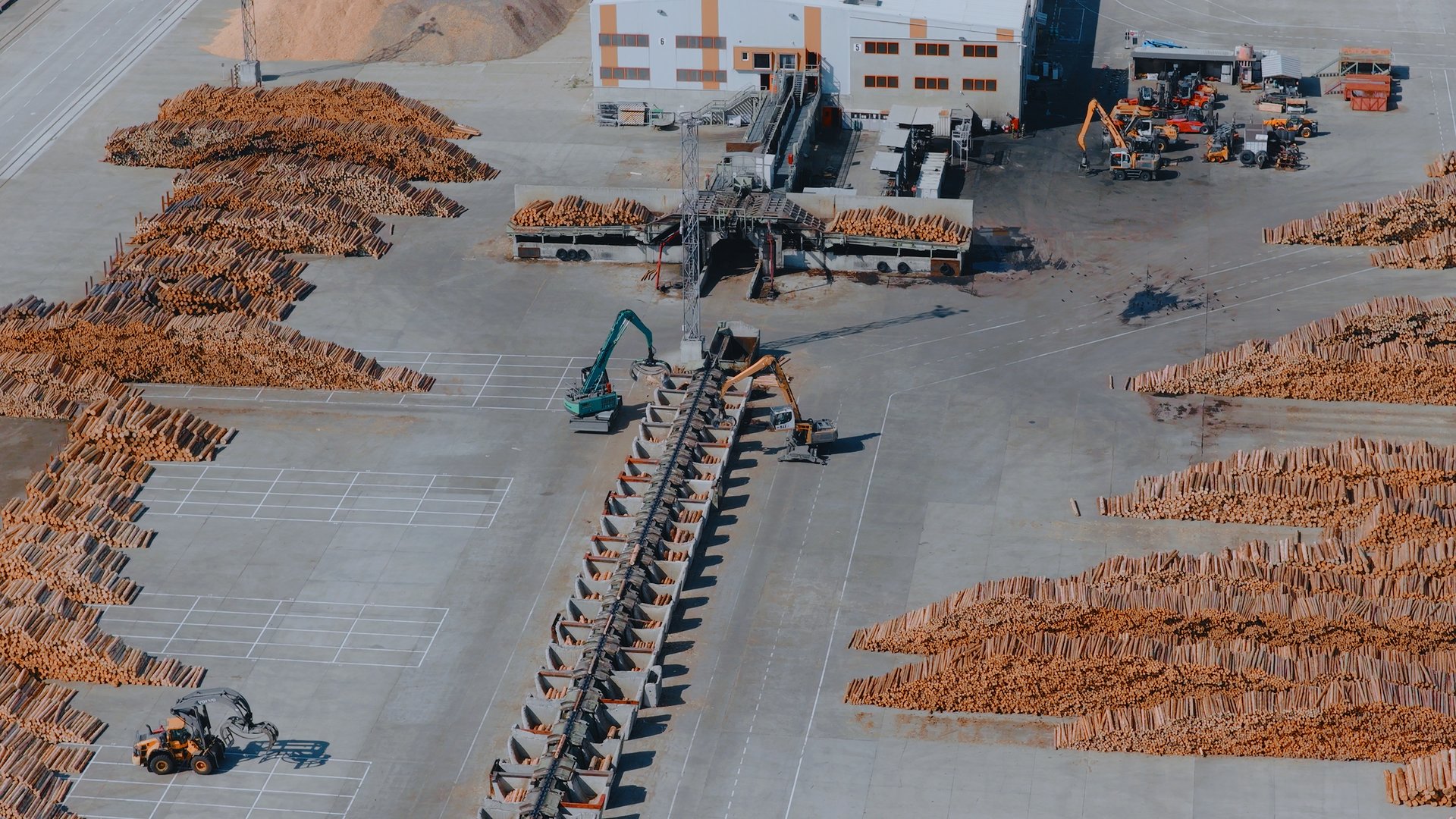 Industrial machinery transporting cut logs at a lumber processing plant