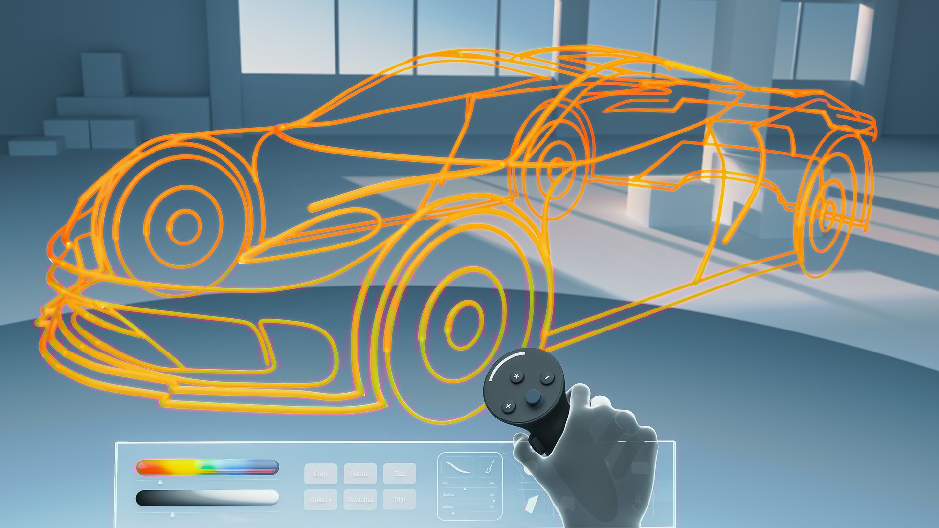 3D Render: Automotive Stylist Working in a Digital VR Software. Industrial Designer Creating an Orange Wire Frame Structure, Applying His Technical Knowledge to Build a Concept of a Modern Automobile