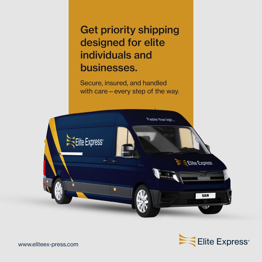 Elite Express van with branding, promoting priority shipping for businesses and individuals. URL: www.eliteex-press.com.