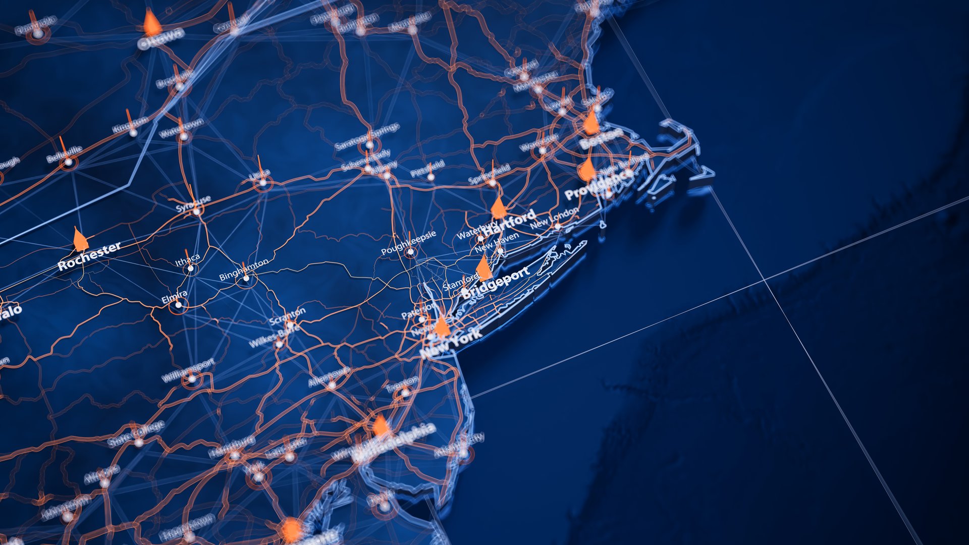 Bridgeport map big data visualization. Futuristic map infographic of city in USA. Visual map data complexity in modern blue and orange colors.