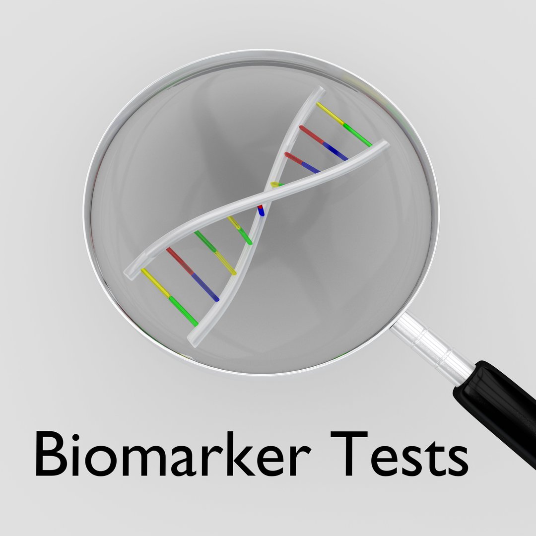 3D illustration of magnifying glass over DNA double helix, titled Biomarker Tests.