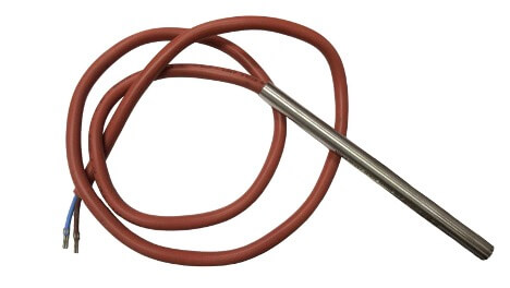 A red heating element with a braided cord and metal probe, featuring exposed blue and brown wires at one end.