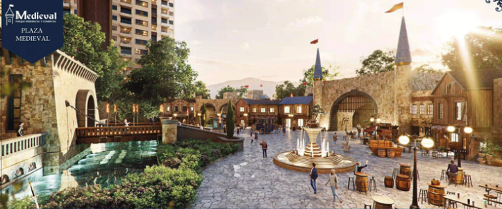 A medieval-themed plaza with stone buildings, archways, a fountain, trees, and people walking around.