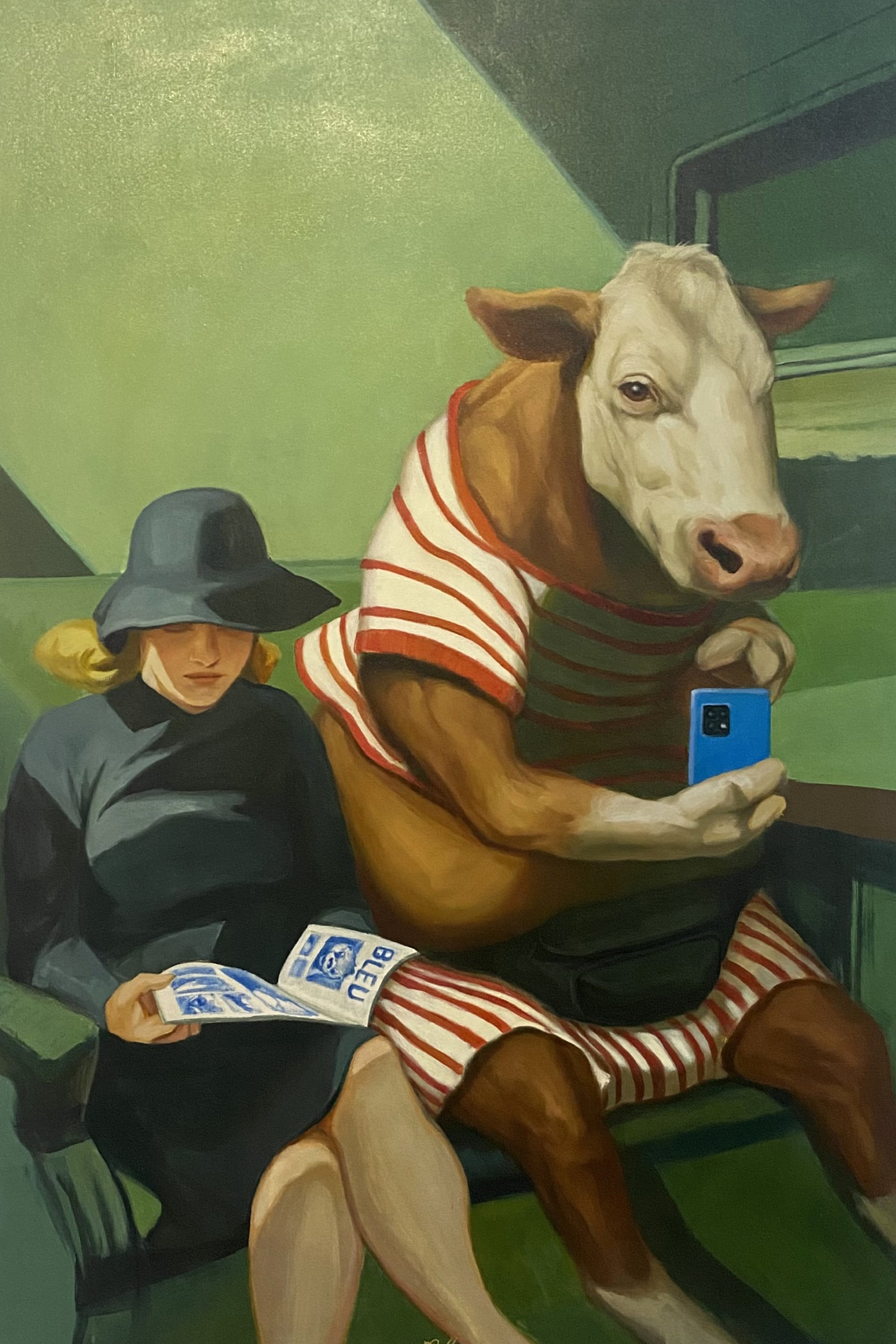 A surreal painting of a cow in a striped dress taking a selfie next to a woman in a hat reading a book on a sofa.