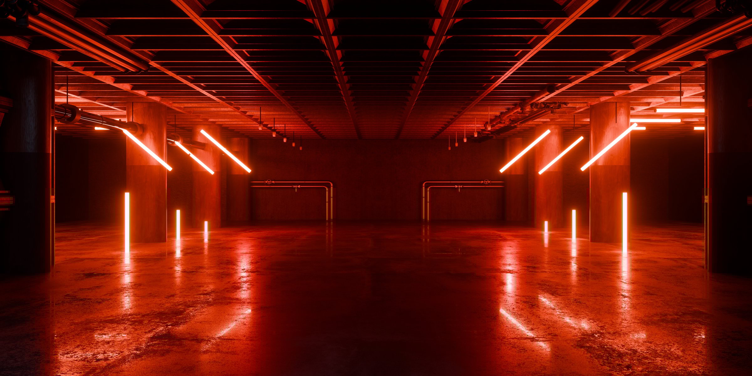 Underground Tunnel Corridor Spaceship Red Glow Room Garage Hangar Warehouse Sci Fi Futuristic Metal Mesh Panels Structure Stone Floor Showroom Garage Lights 3D Rendering Illustration