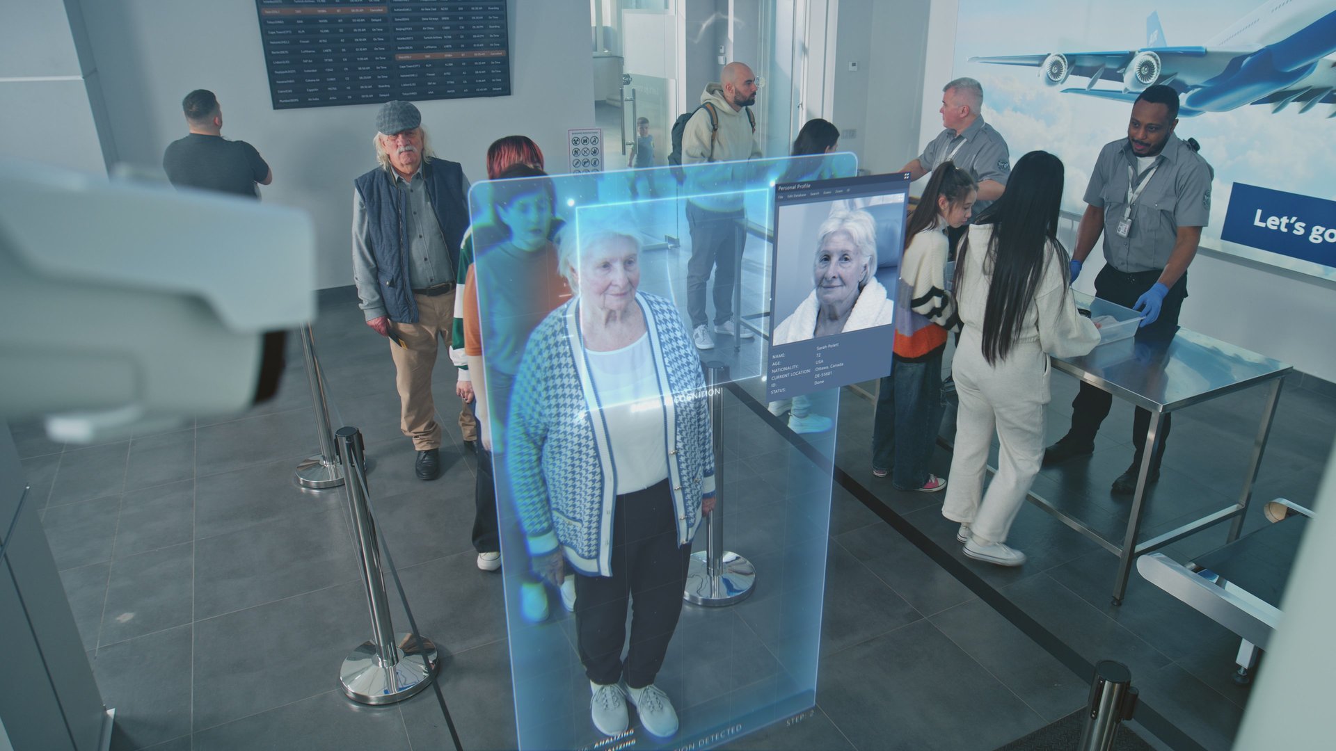 Airport Checkpoint: Queue of Diverse People Passing Biometric AI Face Scanning at Border Control. Security Camera with Advanced Facial Recognition Technology. Passengers Screening for Boarding Flight.