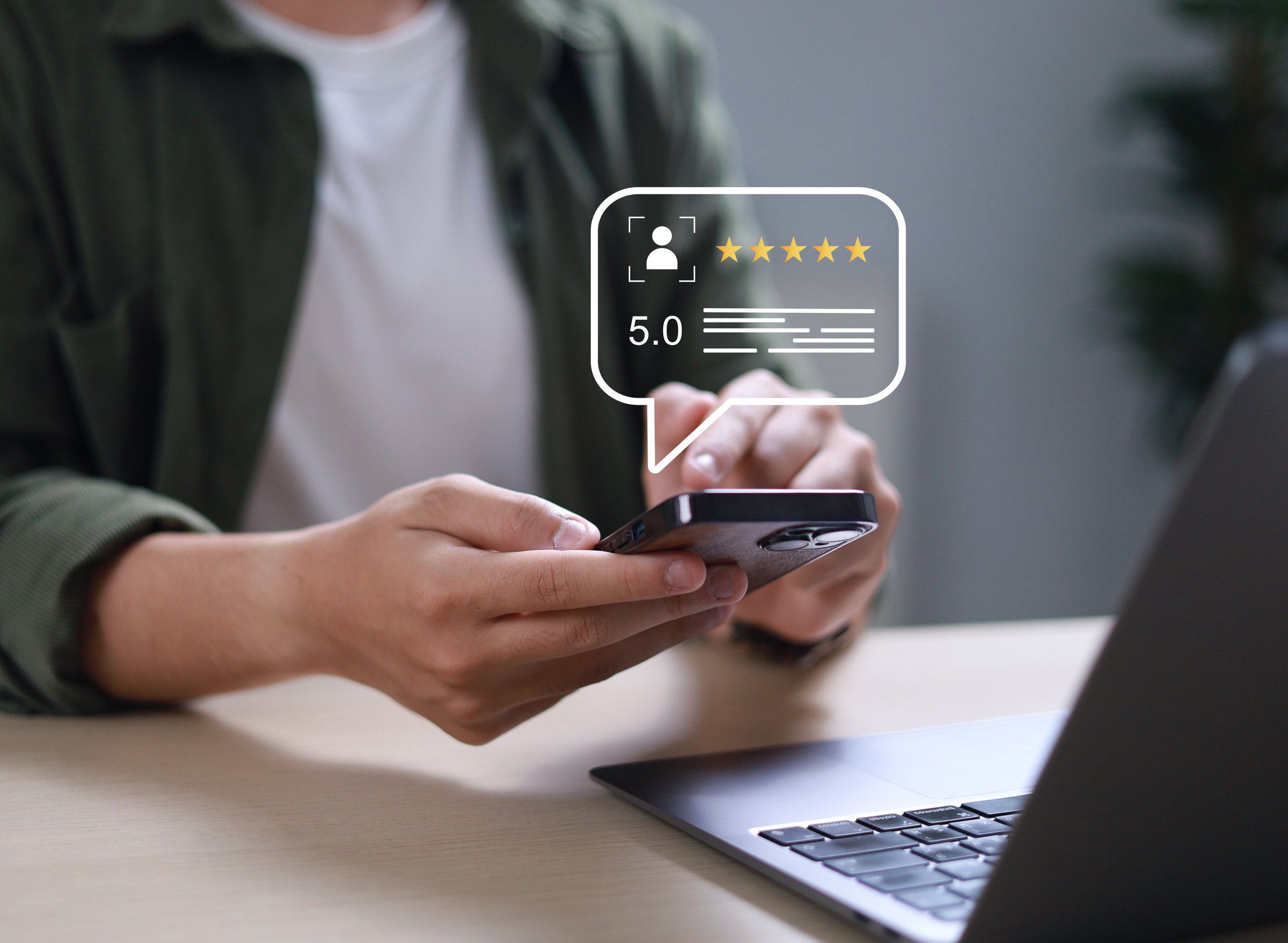 Businessman uses smartphone to provide five-star feedback for customer satisfaction survey, increasing company rating and improving service quality.