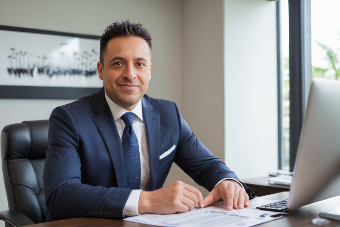 Businessman in a suit sitting at a desk with documents and a laptop, smiling in a modern office setting.