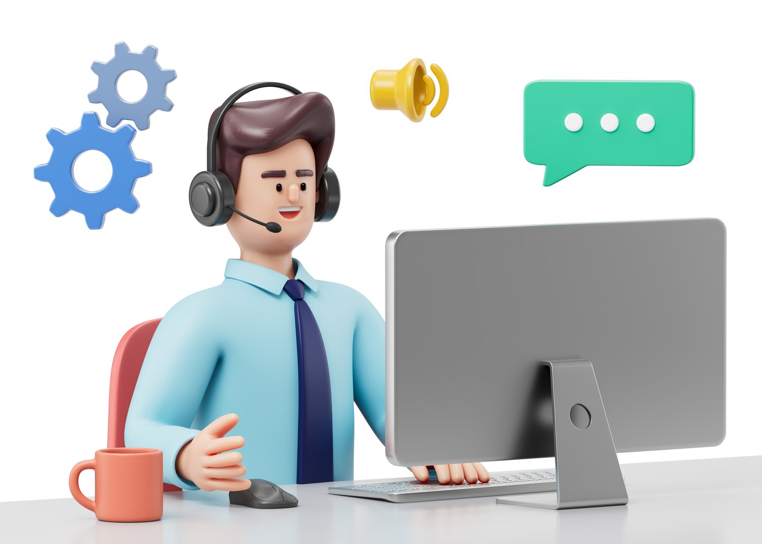 A man with headphones and a laptop at a desk, symbolizing customer service and digital interaction. 3D rendering, conceptual image. Isolated on white background.