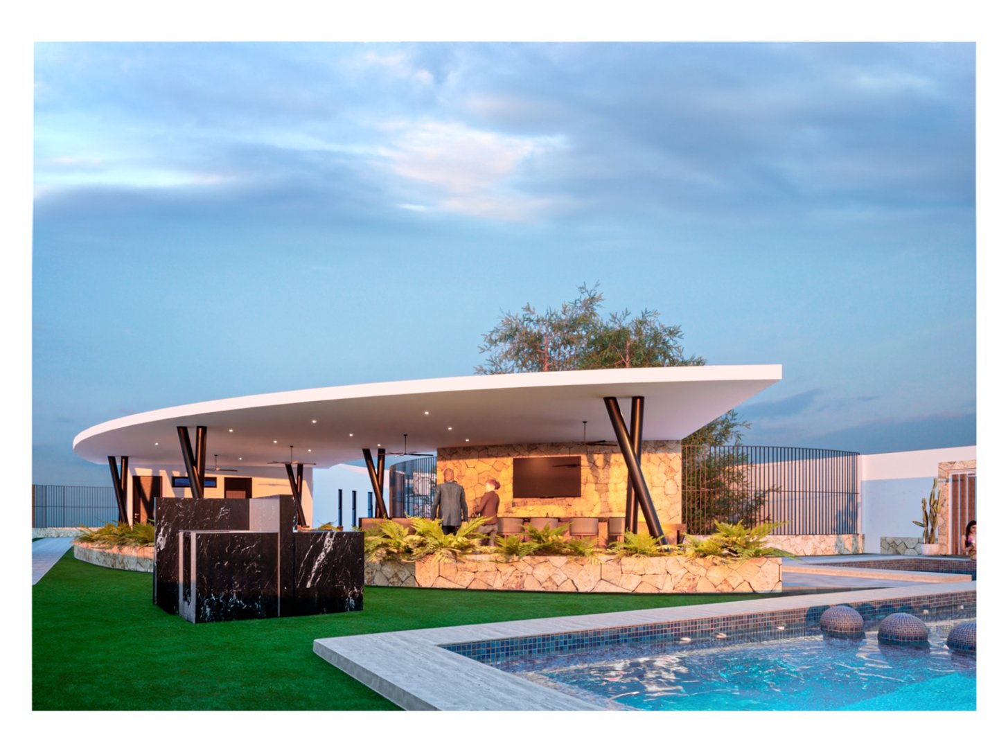 Modern outdoor pavilion with a flat roof, landscaped greenery, and a pool at sunset.