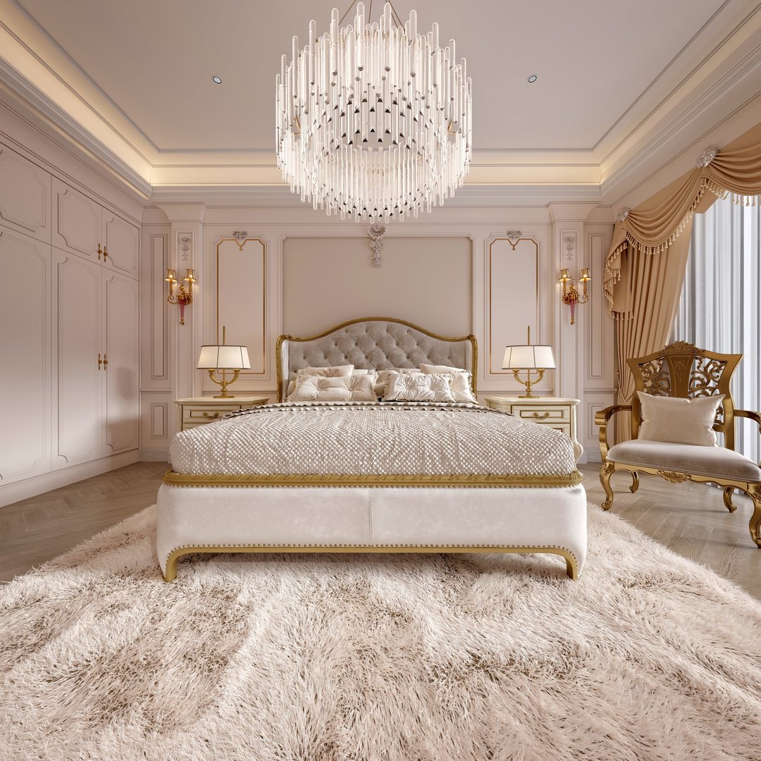 Elegance neo classical bedroom interior, 3d render