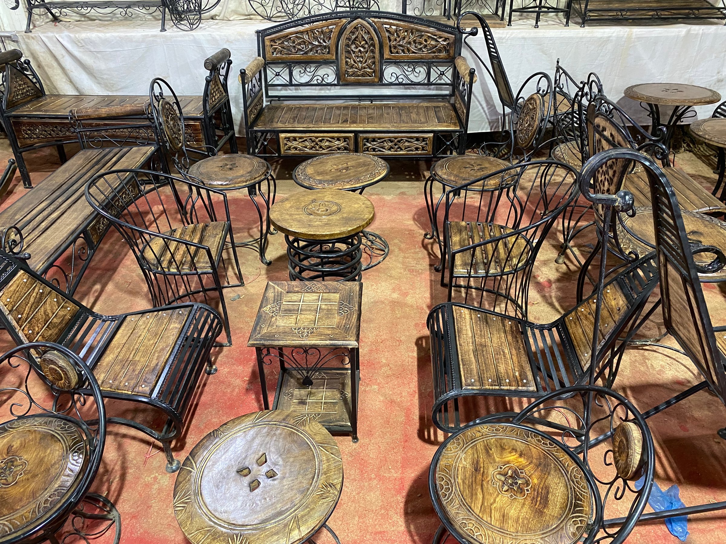 Steel and wooden furniture at store