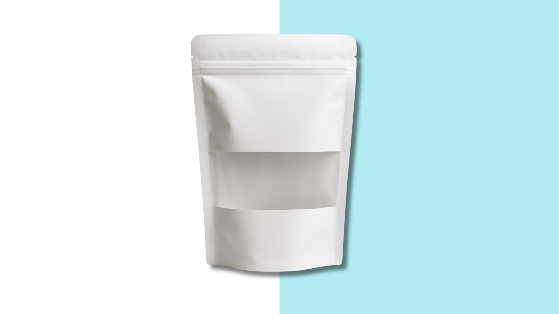 A white stand-up pouch with a transparent window displayed against a split white and blue background.
