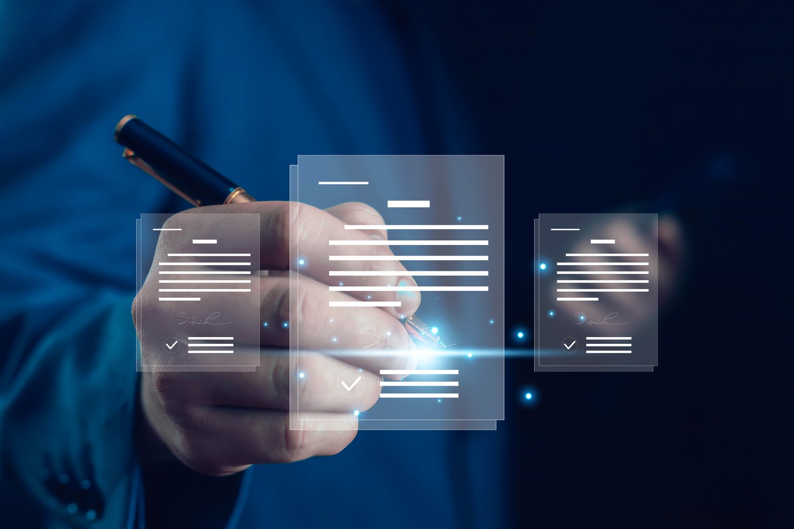 Businessman signing digital contract futuristic hologram documents, concept of electronic signature, legal compliance, online approval, smart office, workflow automation, and secure business process.