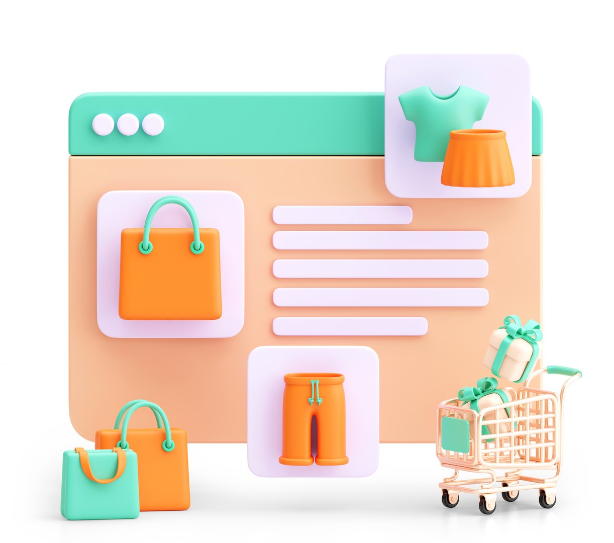 Modern 3D render showcasing an online shopping website interface with product displays, shopping bags, and a cart with gifts. Isolated on a clean white background, ideal for e-commerce, digital marketing, or web design concepts.