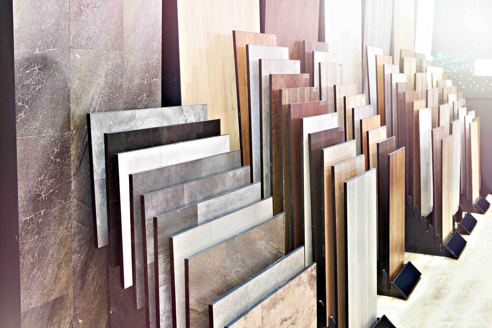 Decorative wooden panels on the floor and walls in the store