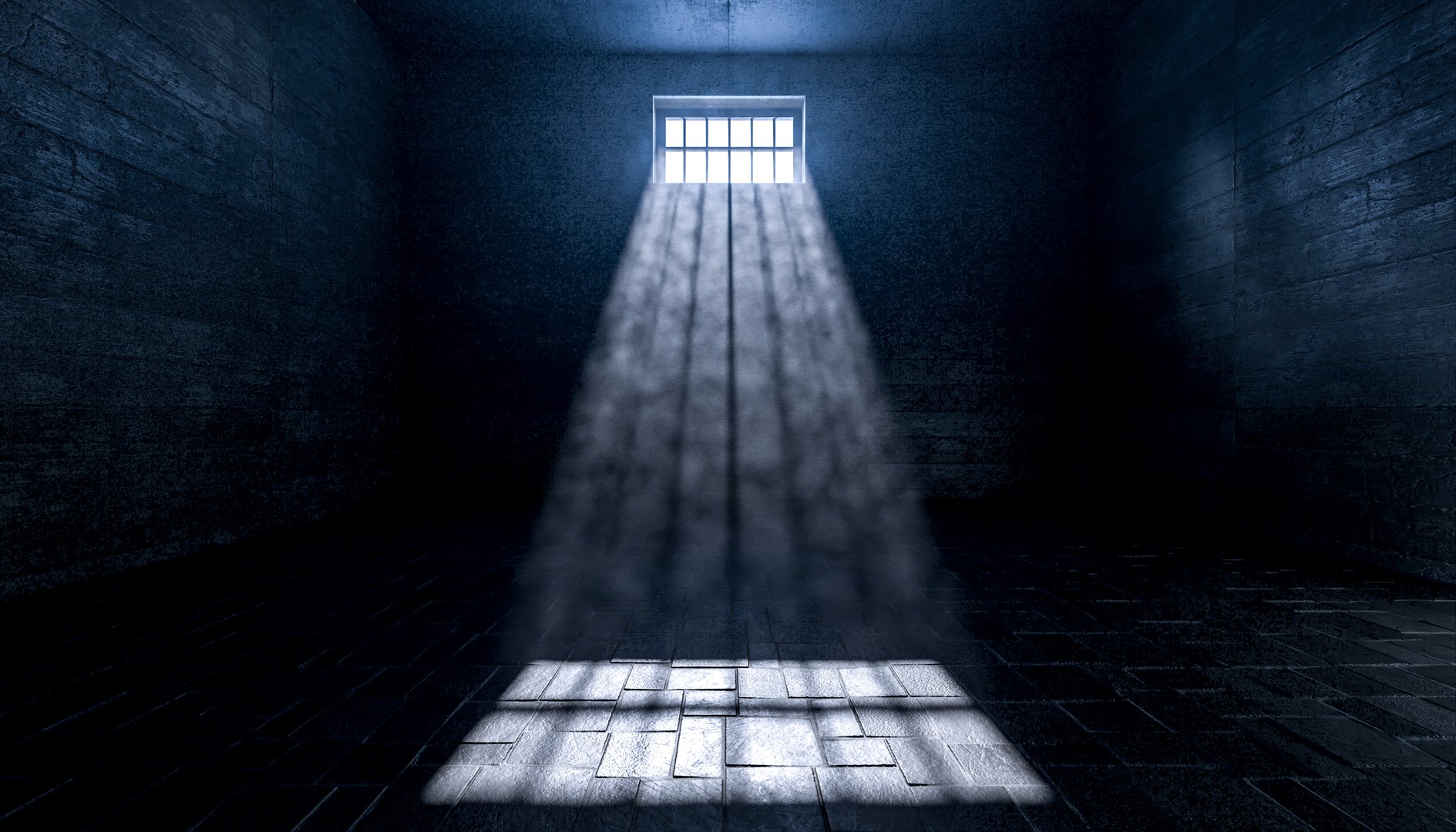 Light beam shining through a prison cell window illuminating interior 3d